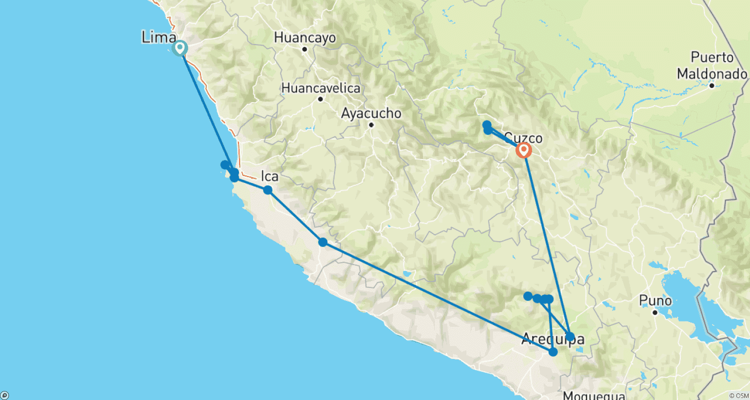 Mapa do percurso de 10 dias Peru Sudeste à Montanha: Lima, Paracas, Nazca, Arequipa, Cusco