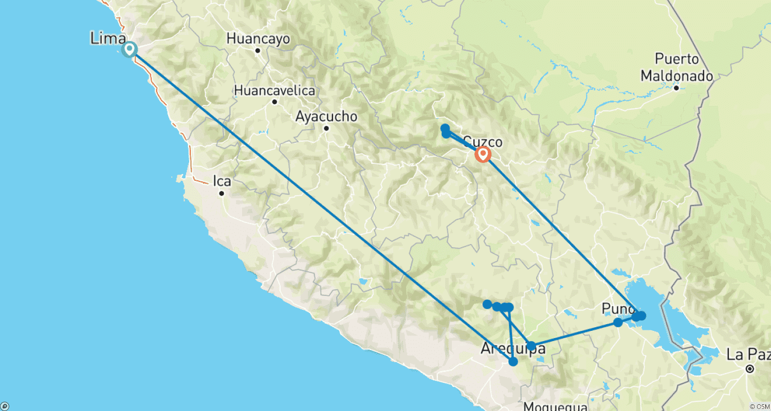 Mapa do percurso de 8 dias Sul Completo do Peru: Lima – Arequipa – Lago Titicaca - Cusco