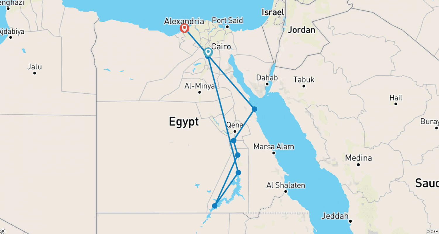 Mapa do percurso de Cairo, Alexandria, Cruzeiro no Nilo e Mar Vermelho (Hurghada)