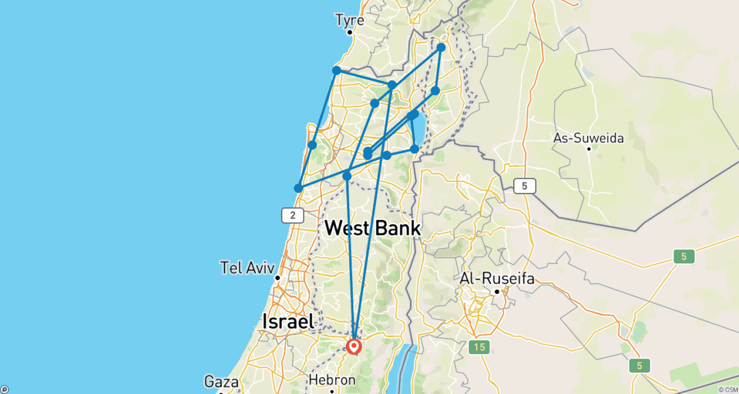 Mapa do percurso de Excursão por Israel, Galileia e Golan - 3 dias