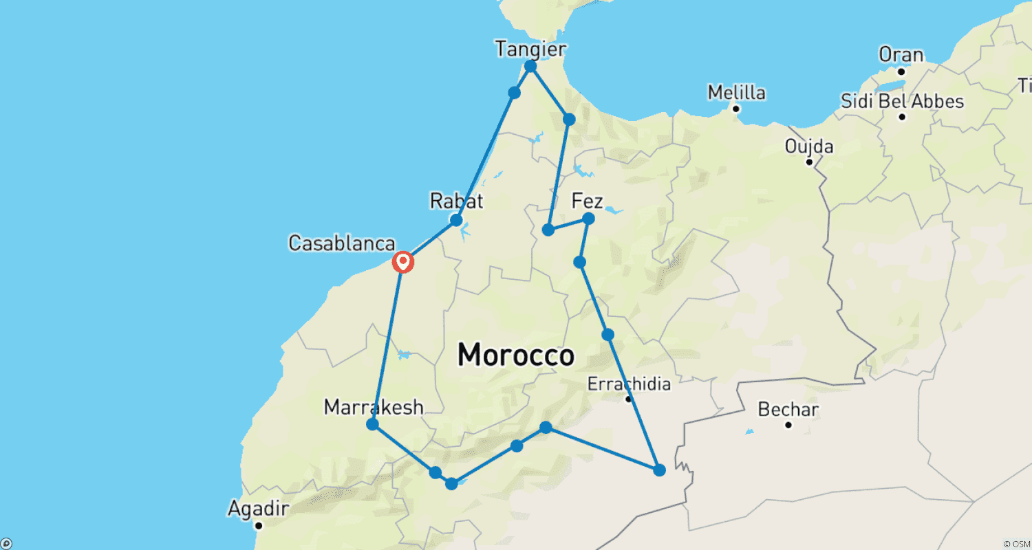 Mapa trasy: Najważniejsze atrakcje Maroka: 10-dniowa wycieczka po pustyni Maroka z Casablanki, odkryj Marrakesz, Saharę, Fez i Chefchaouen.