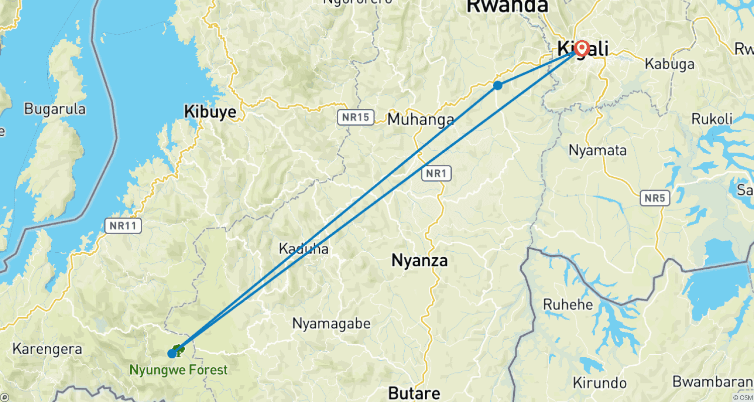 Mapa do percurso de Trekking de Gorilas e Chimpanzés de 6 Dias em Ruanda