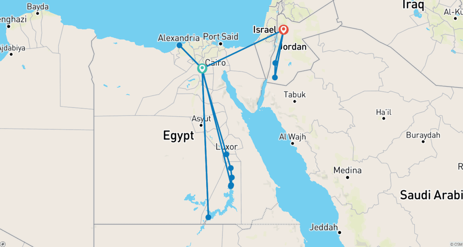 خريطة مسار باقة 12 يومًا و11 ليلة إلى القاهرة والأقصر وأسوان والبتراء