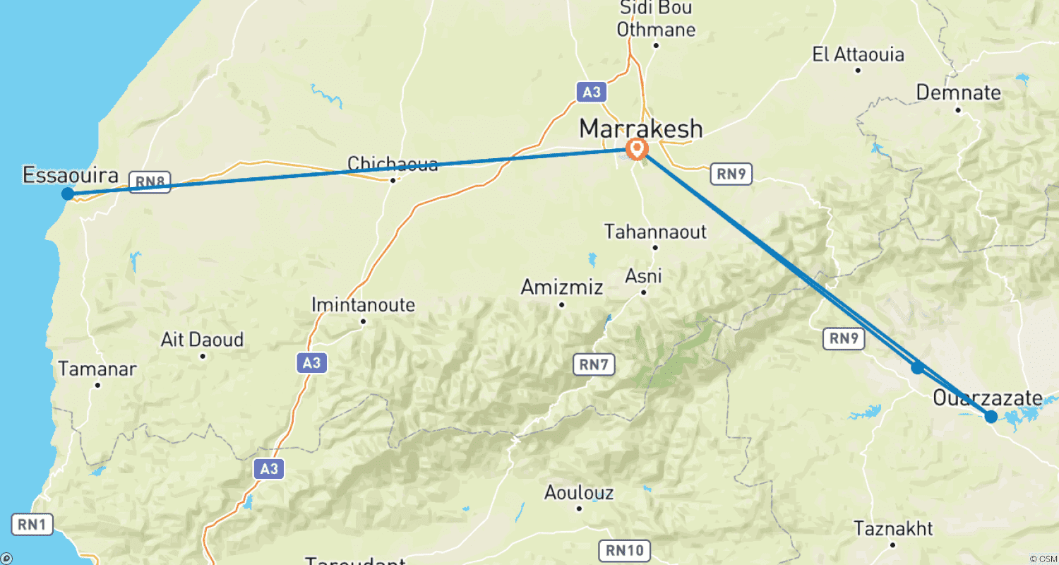 Mapa trasy: Wycieczka Klejnoty Maroka z Marrakeszu lub Casablanki