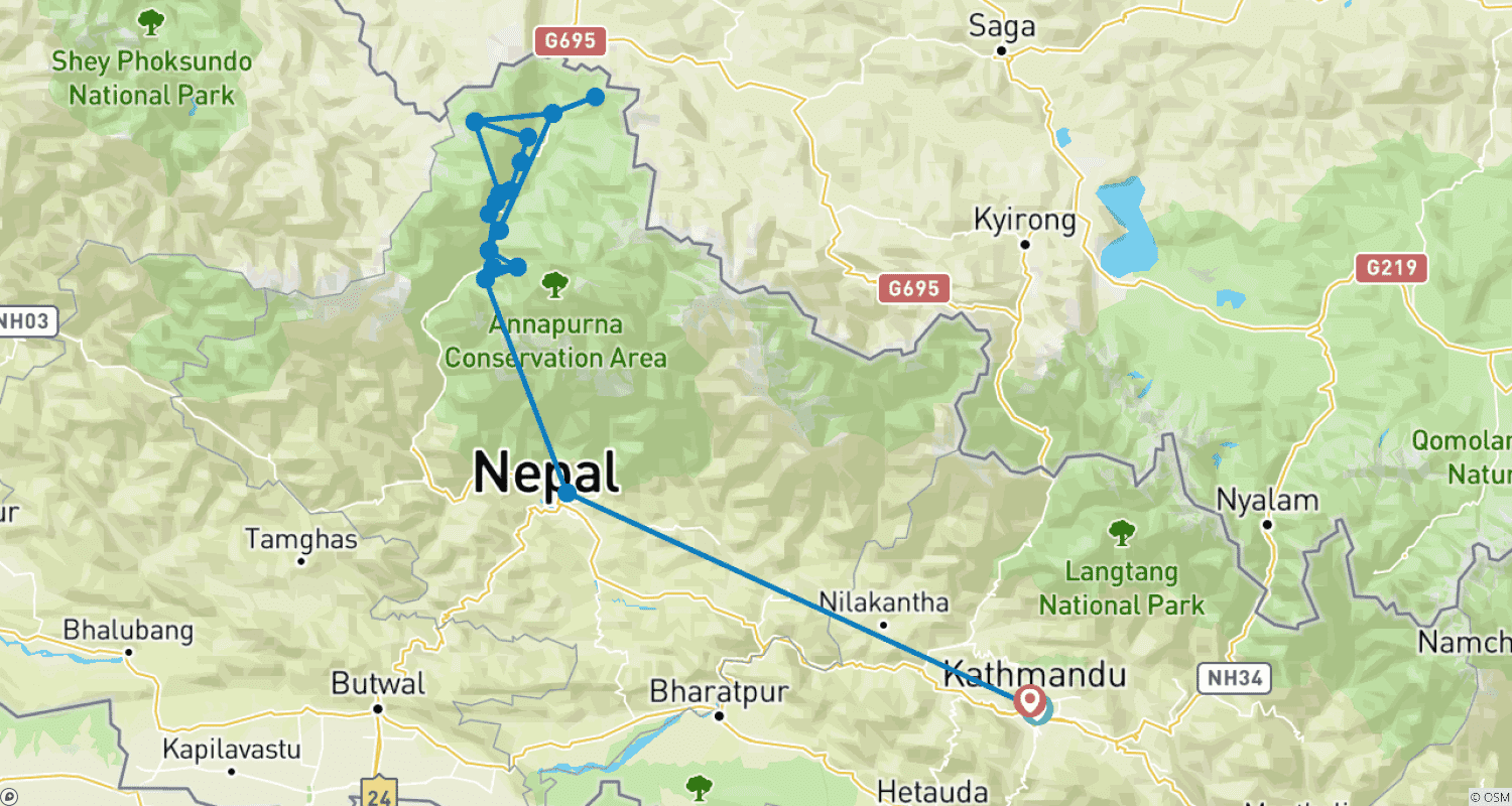 Mapa do percurso de Trekking em Upper Mustang