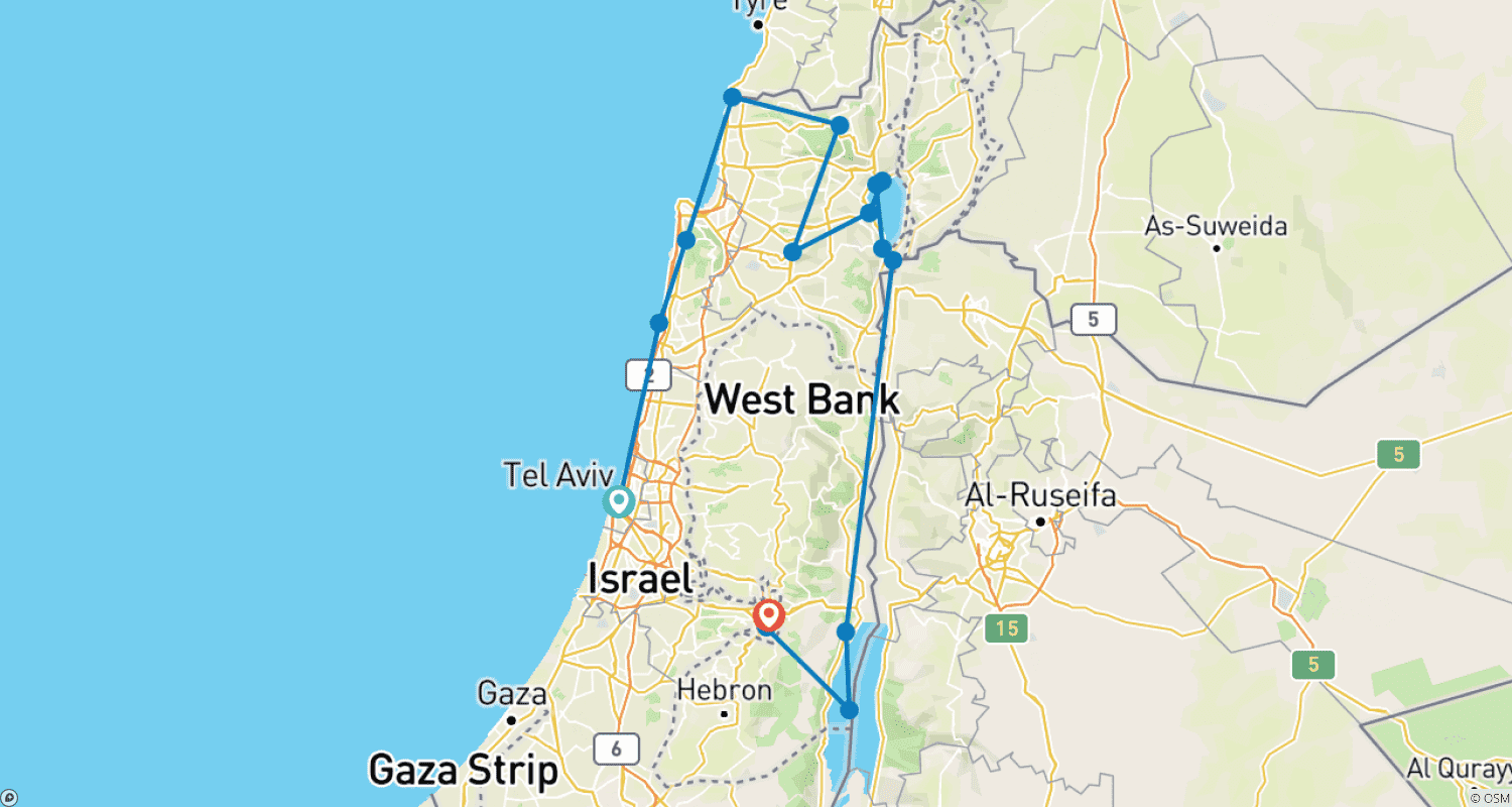 Mapa do percurso de Viagem Clássica por Israel - 4 Dias
