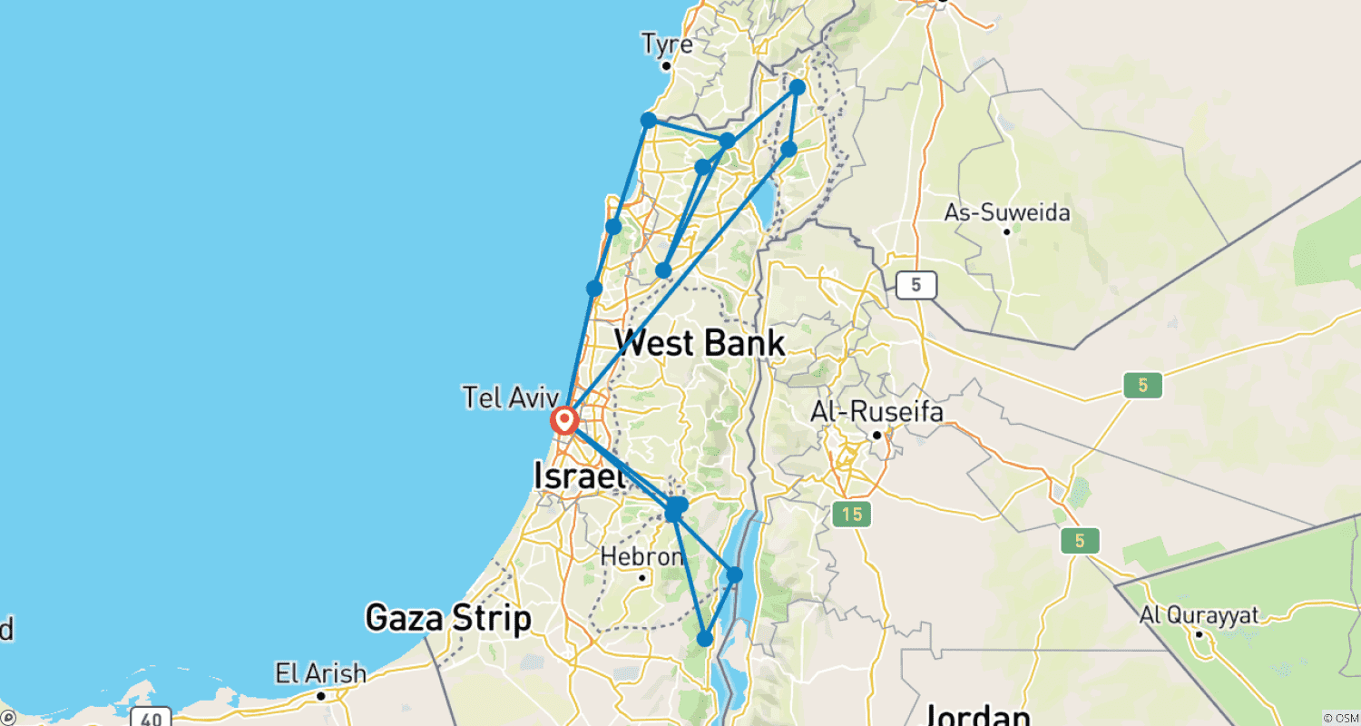 خريطة مسار رحلة الجواهر اليهودية - القدس، قيسارية، البحر الميت ومرتفعات الجولان - 4 أيام