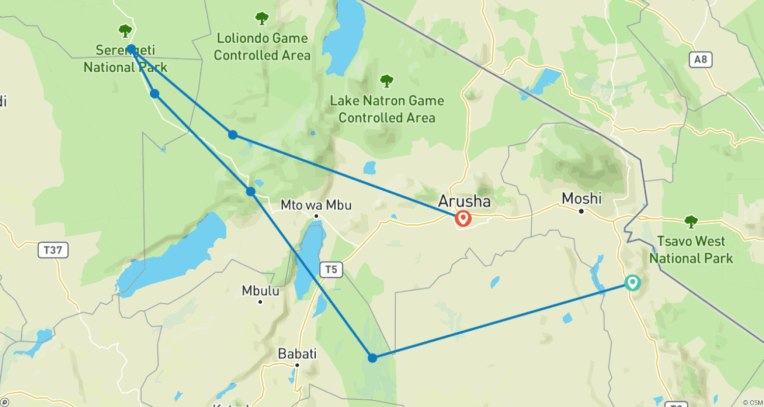 Mapa do percurso de Safari de 5 Dias: Abundância de Vida Selvagem na Tanzânia