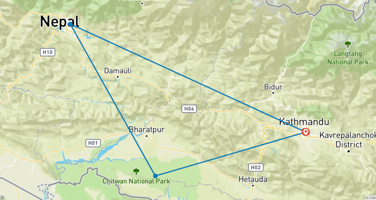 Mapa do percurso de Safári na Selva de Chitwan