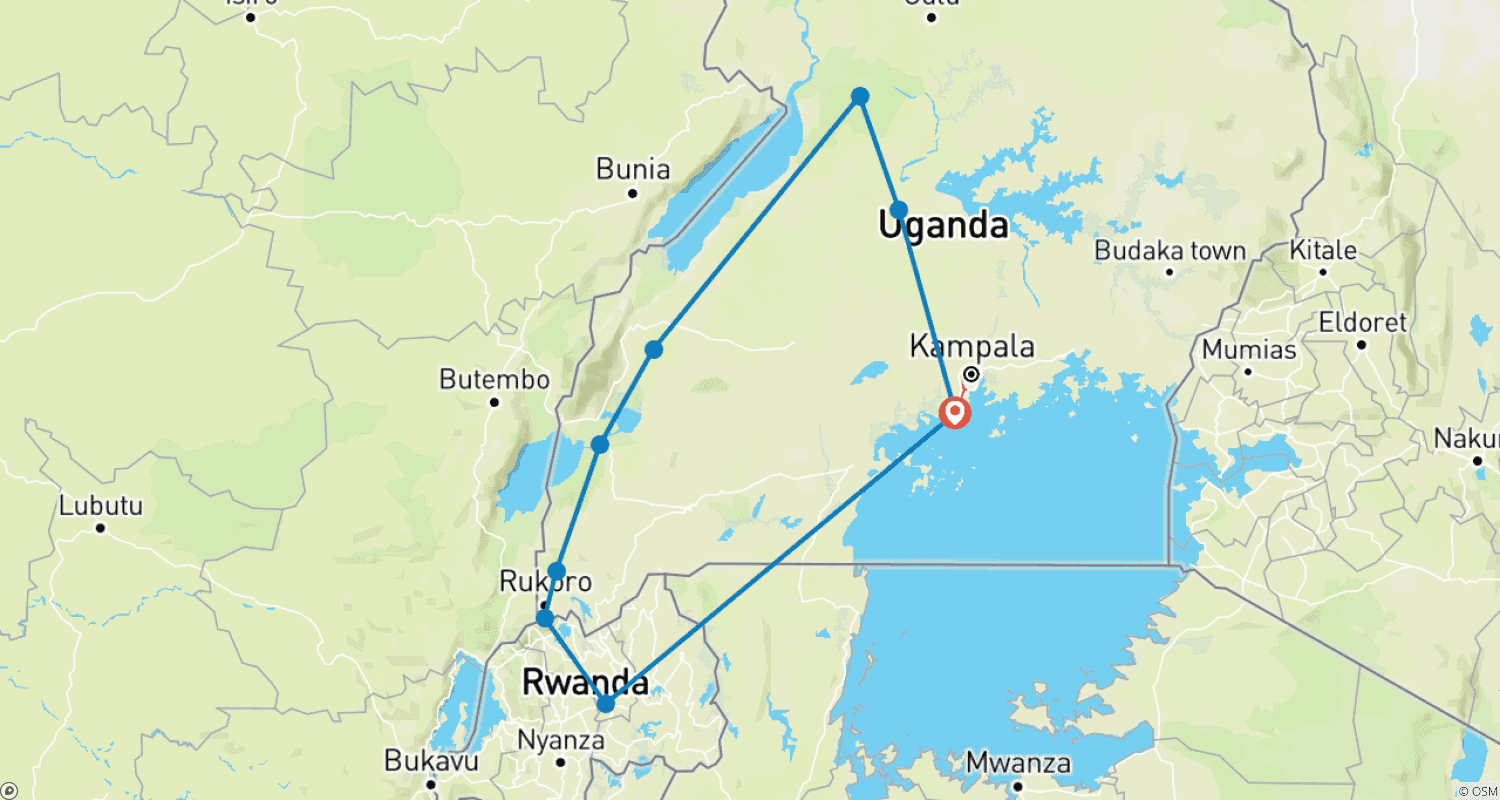 Mapa do percurso de Safári de Vida Selvagem de 10 Dias no Oeste de Uganda