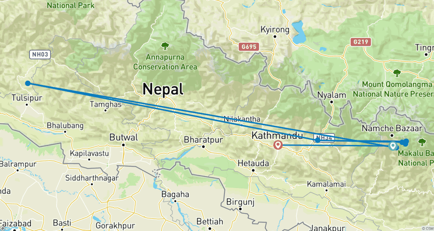 Mapa do percurso de Ascensão ao Mera Peak - 13 Dias