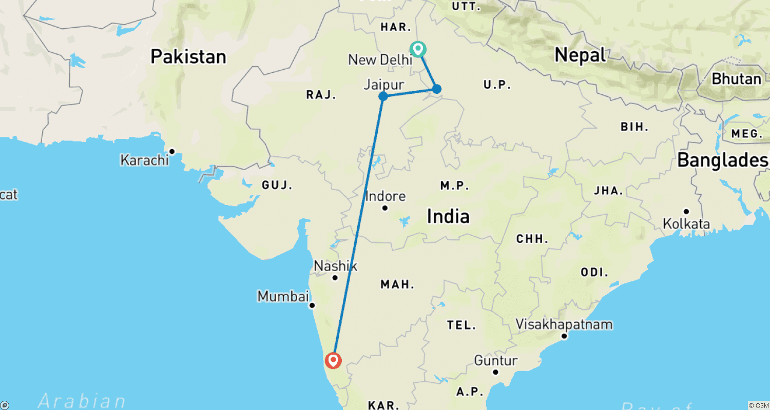خريطة مسار Golden Triangle Tour Yoga With Goa