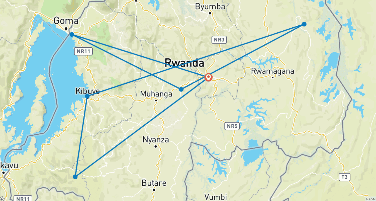 Mapa do percurso de Safari de 12 Dias em Ruanda e Além (Parque Nacional dos Vulcões, Parque Nacional da Floresta de Nyungwe, Parque Nacional de Akagera)