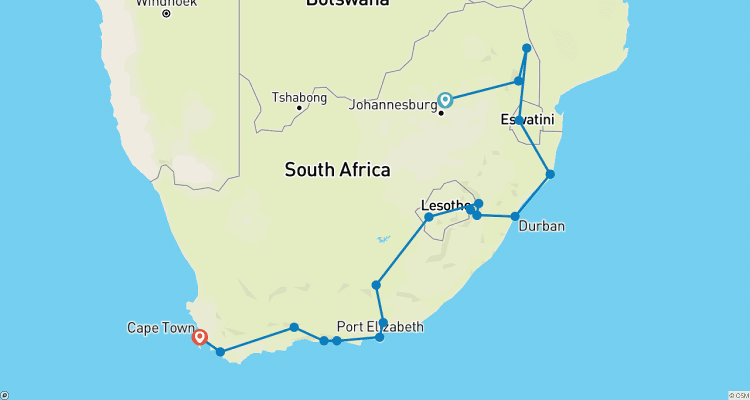 Mapa trasy: 20-dniowy odkrywca RPA, Lesotho i Eswatini (z zakwaterowaniem)