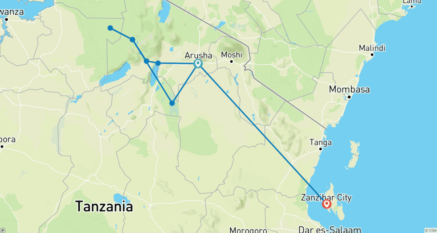 Mapa do percurso de Safari Big Five e Férias na Praia
