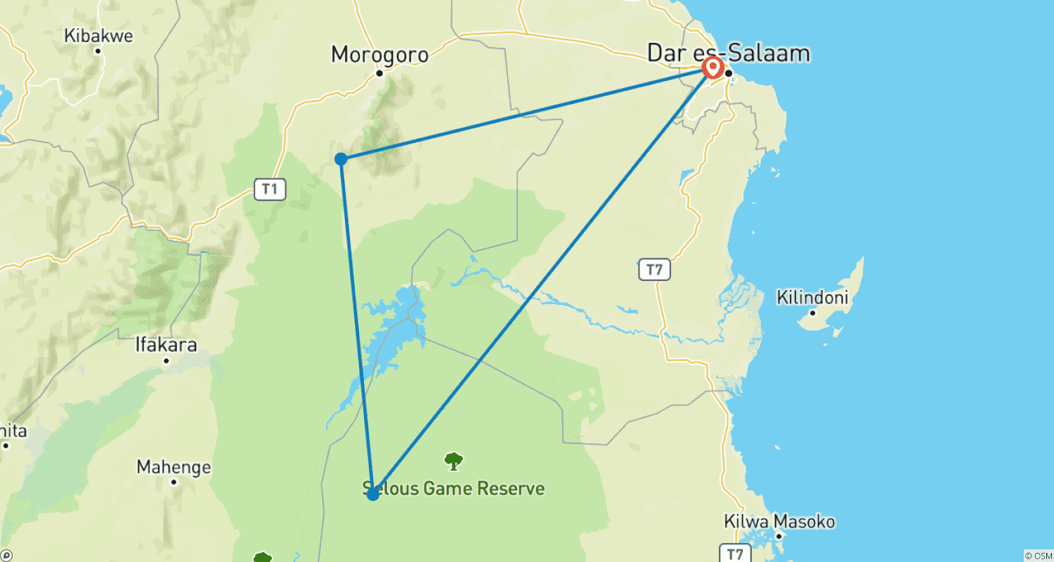 Mapa do percurso de Grande Safari em Selous e Mikumi