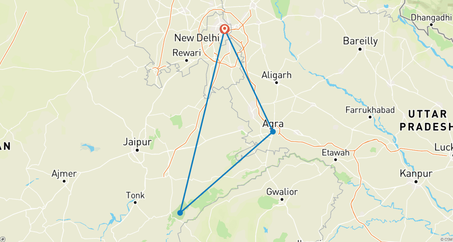 Mapa do percurso de De Delhi: Tour Privado ao Taj Mahal e Safari de Vida Selvagem em Ranthambore com Passeios de Safari