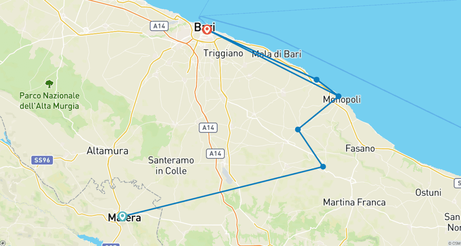 Mapa do percurso de Matera e Apúlia: Tour Privado de 5 Dias