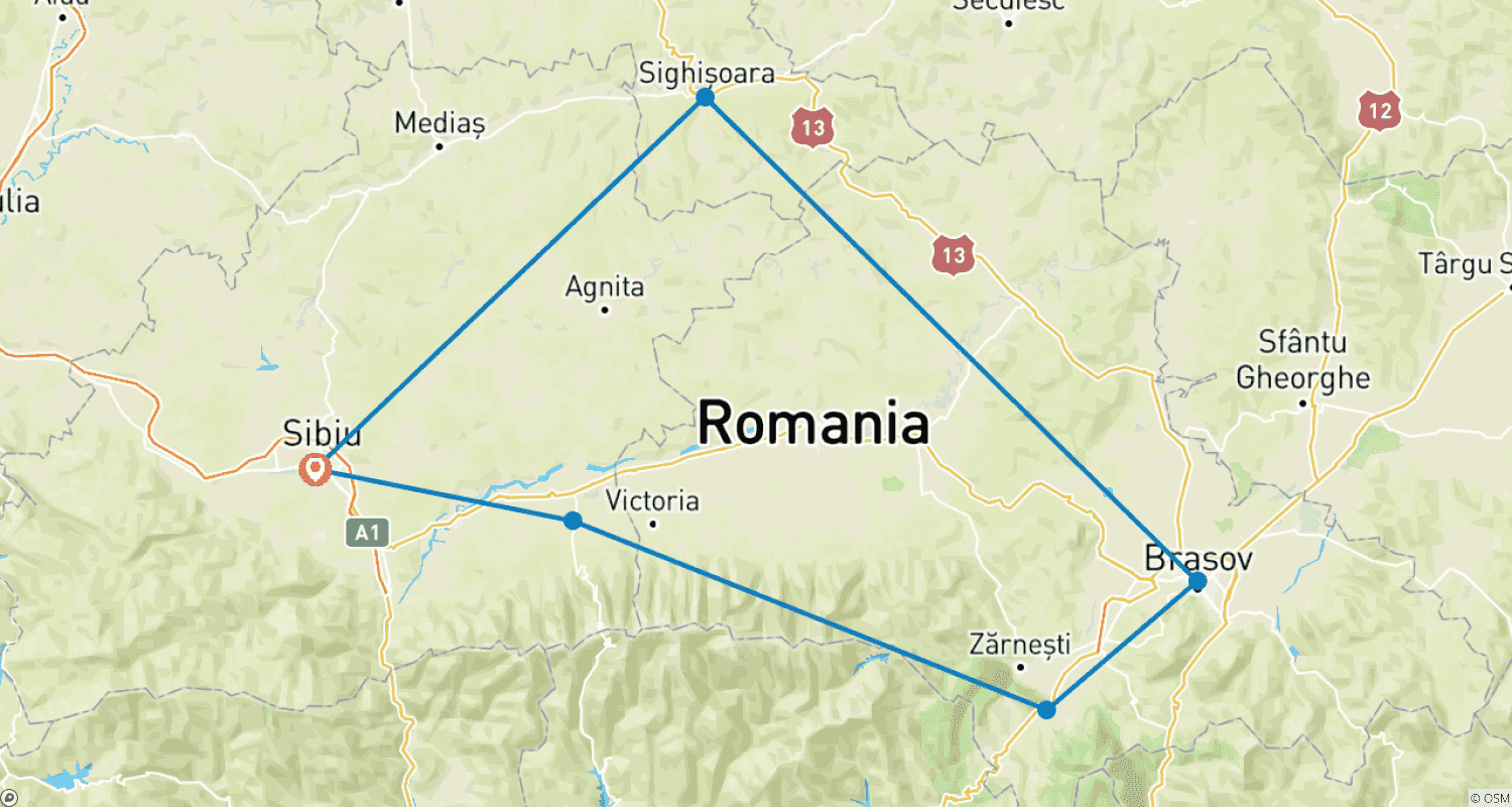 Mapa do percurso de Tour de Inverno na Transilvânia com experiência de pernoite no Hotel de Gelo de Sibiu
