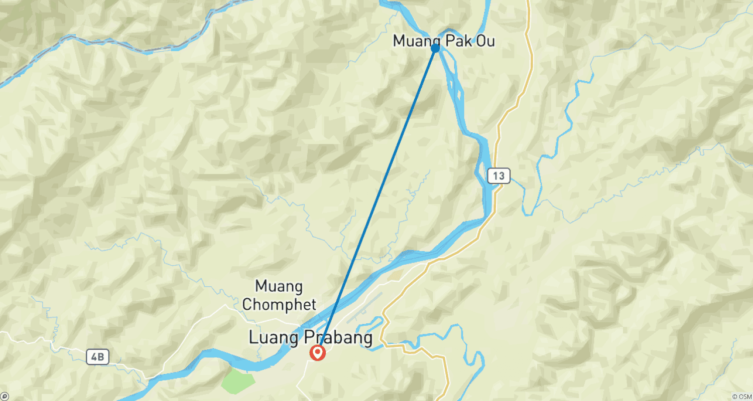 Mapa do percurso de Excursão Turística em Pacote a Luang Prabang para a Cachoeira Kuangsi, Caverna Pak Ou