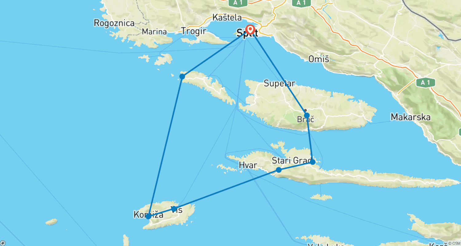 Mapa trasy: Joga na Jachcie w Chorwacji (ze Splitu do Splitu)