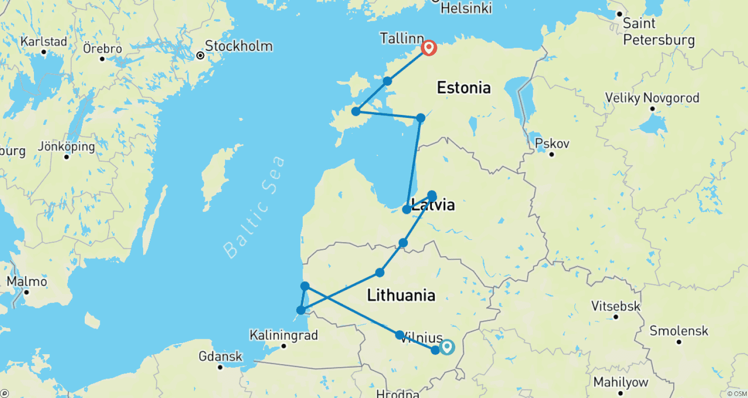 Mapa do percurso de Excursão Báltica: Explore Lituânia, Letônia e Estônia