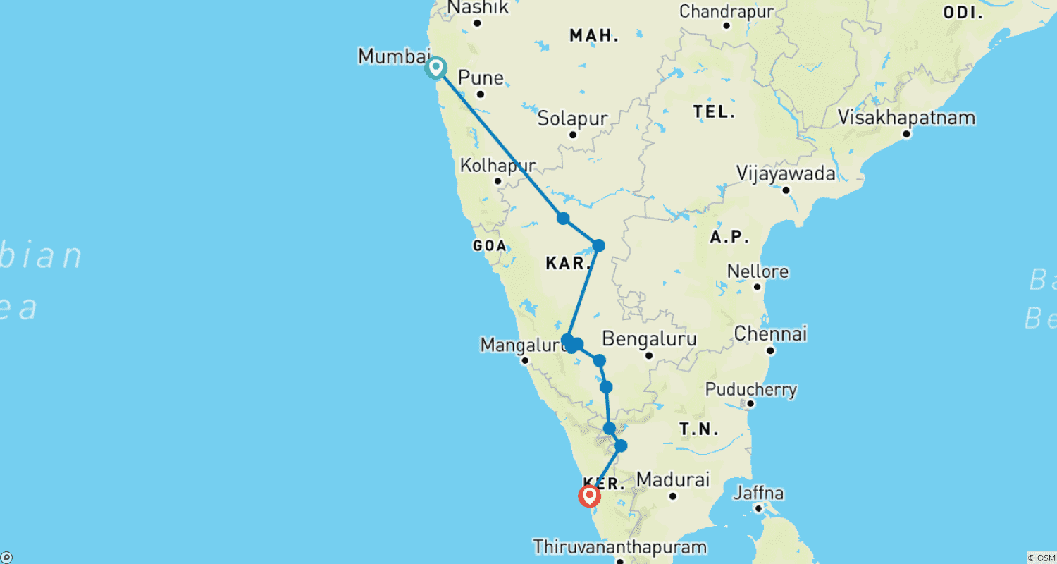 Mapa do percurso de Karnataka e Kerala - Arte, Cultura e Natureza