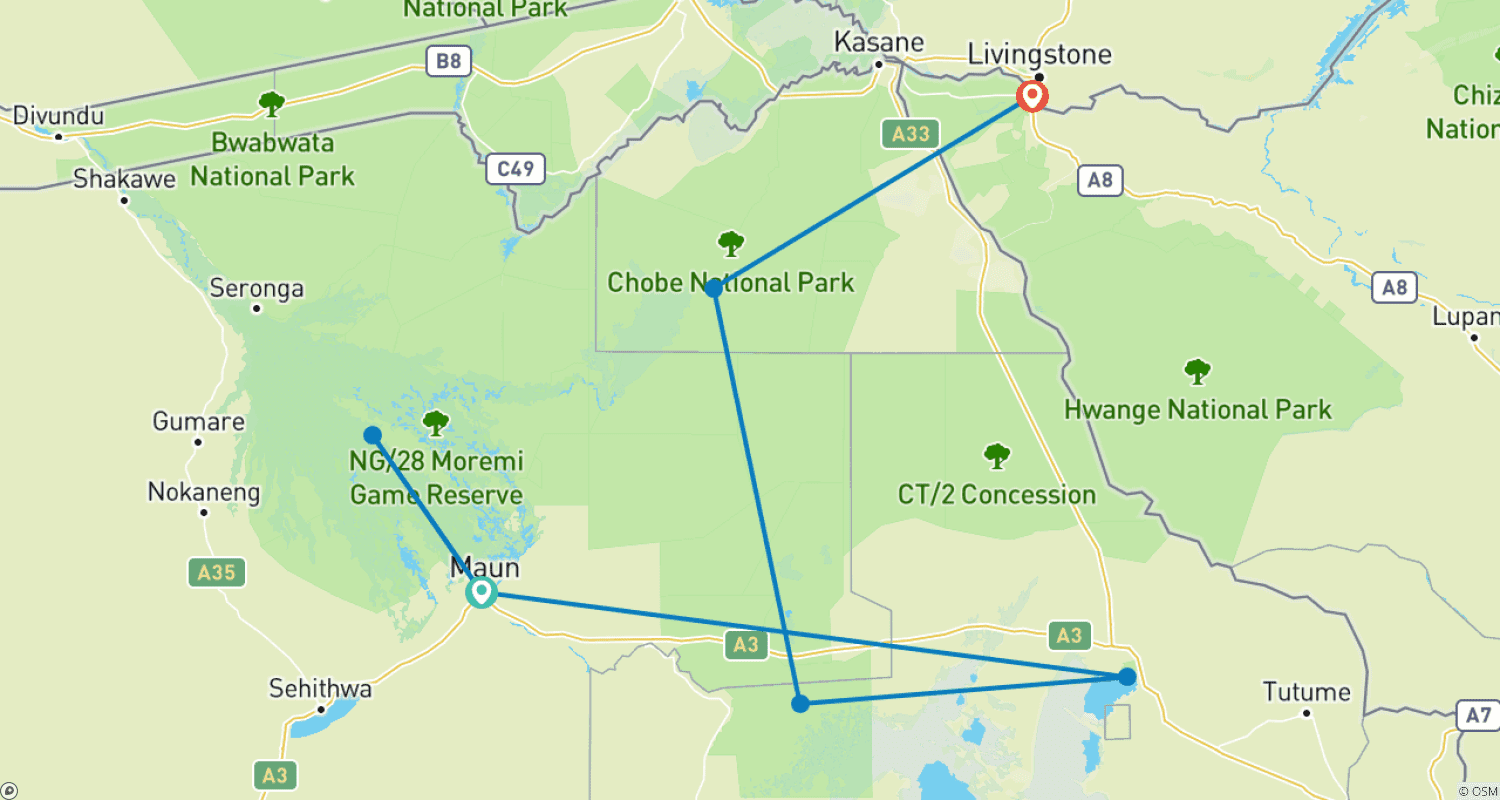 Mapa trasy: Botswana Grandeur Explorer Tour: Okavango Delta, Chobe National Park, Victoria Falls