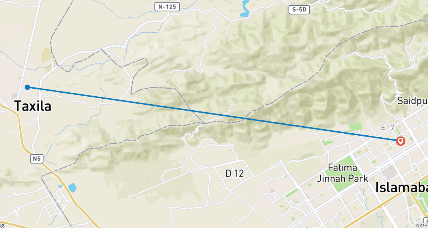 Mapa do percurso de Tour de 03 Dias pela Civilização de Taxila Gandhara no Paquistão