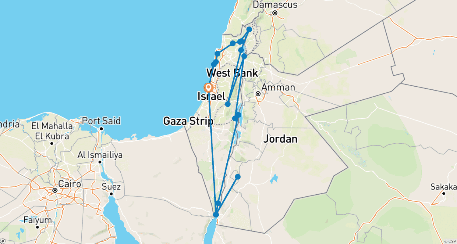 Mapa do percurso de Destaques do Estado Judeu e Viagem a Petra - 15 Dias