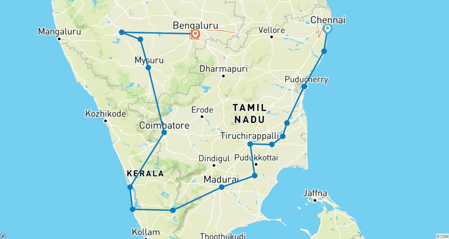 Mapa do percurso de Destaque no Sul da Índia - Tamilnadu, Kerala e Karnataka