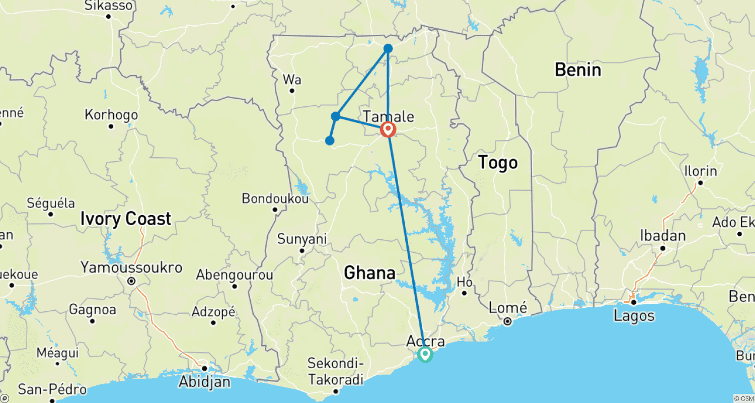 Mapa do percurso de Excursão de 7 Dias ao Norte de Gana