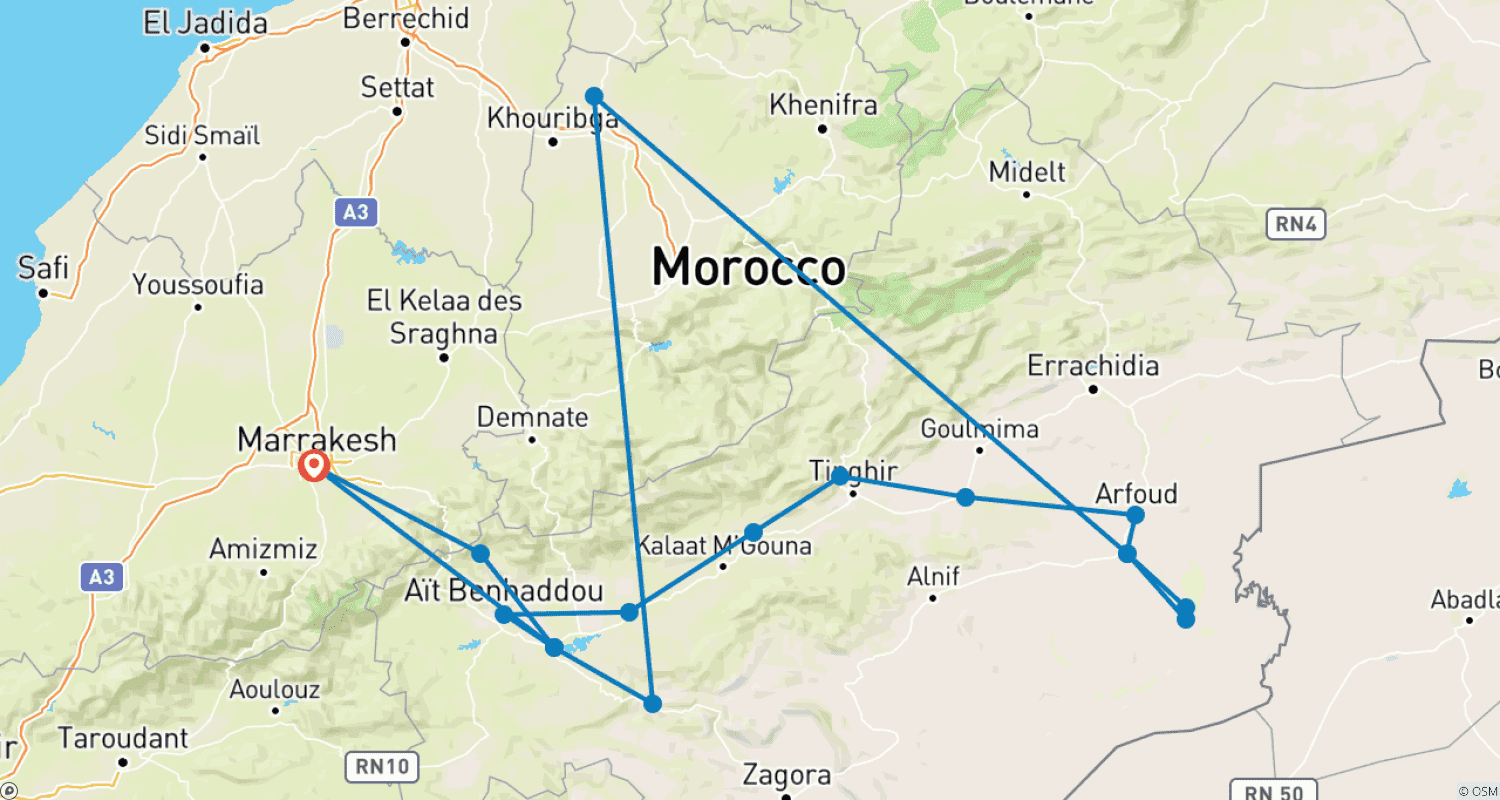 Mapa trasy: 4-dniowa luksusowa wycieczka z Marrakeszu do Merzouga