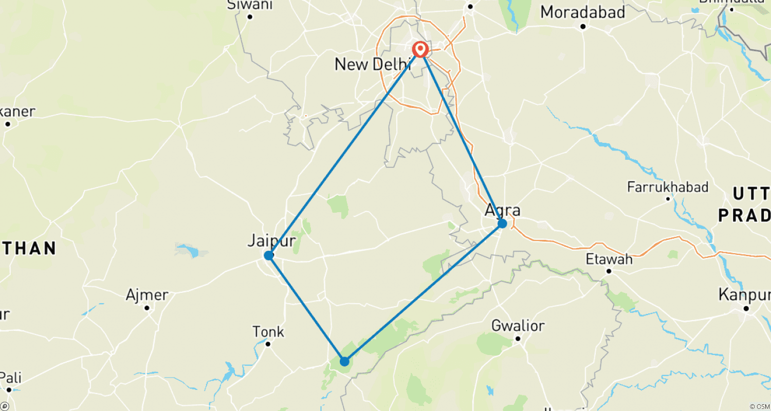 Mapa do percurso de Excursão Triângulo Dourado com Ranthambore