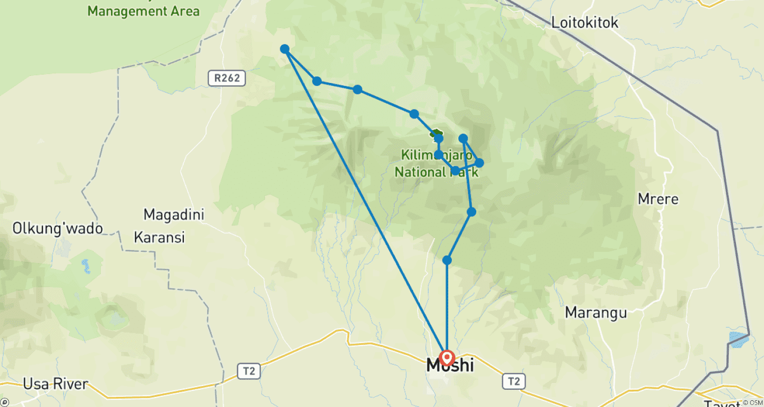 Mapa do percurso de 8 Dias Rota Lemosho + 2 Noites de Hotel