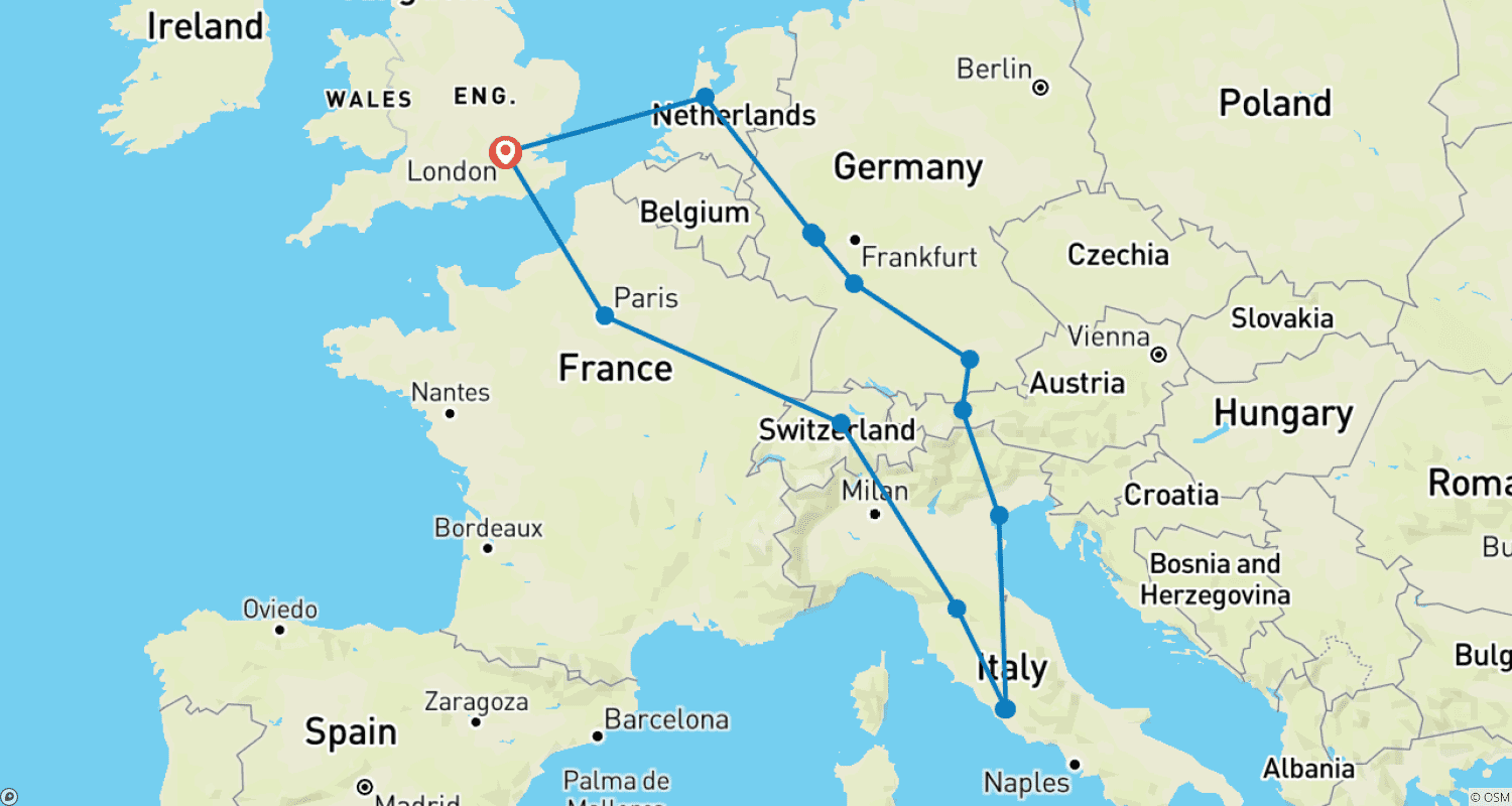 Mapa trasy: Europejski zawrót głowy (koniec w Londynie, 13 dni)