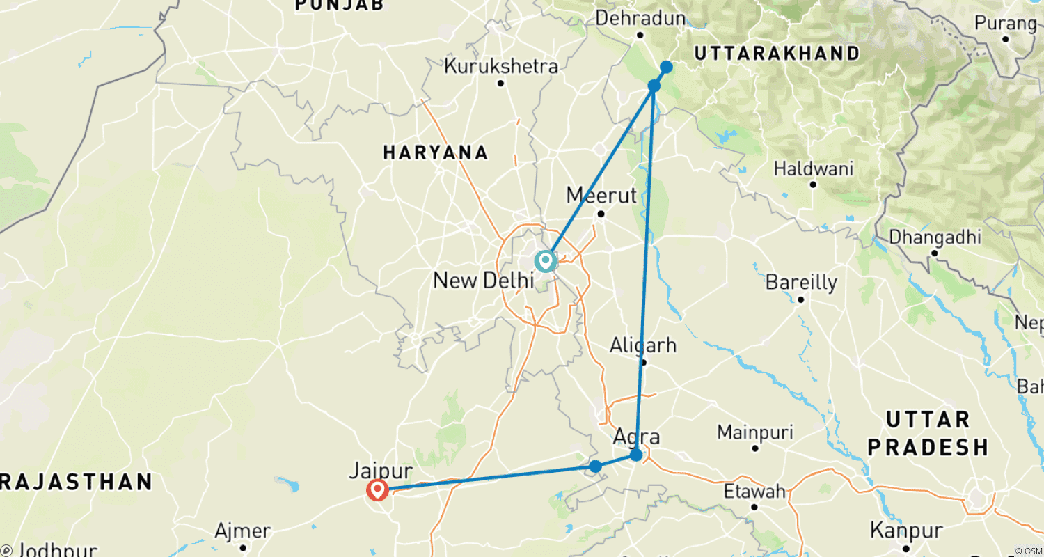 Mapa do percurso de Índia Divina - Triângulo Dourado com Haridwar e Rishikesh - Explore Cultura e História com Yoga