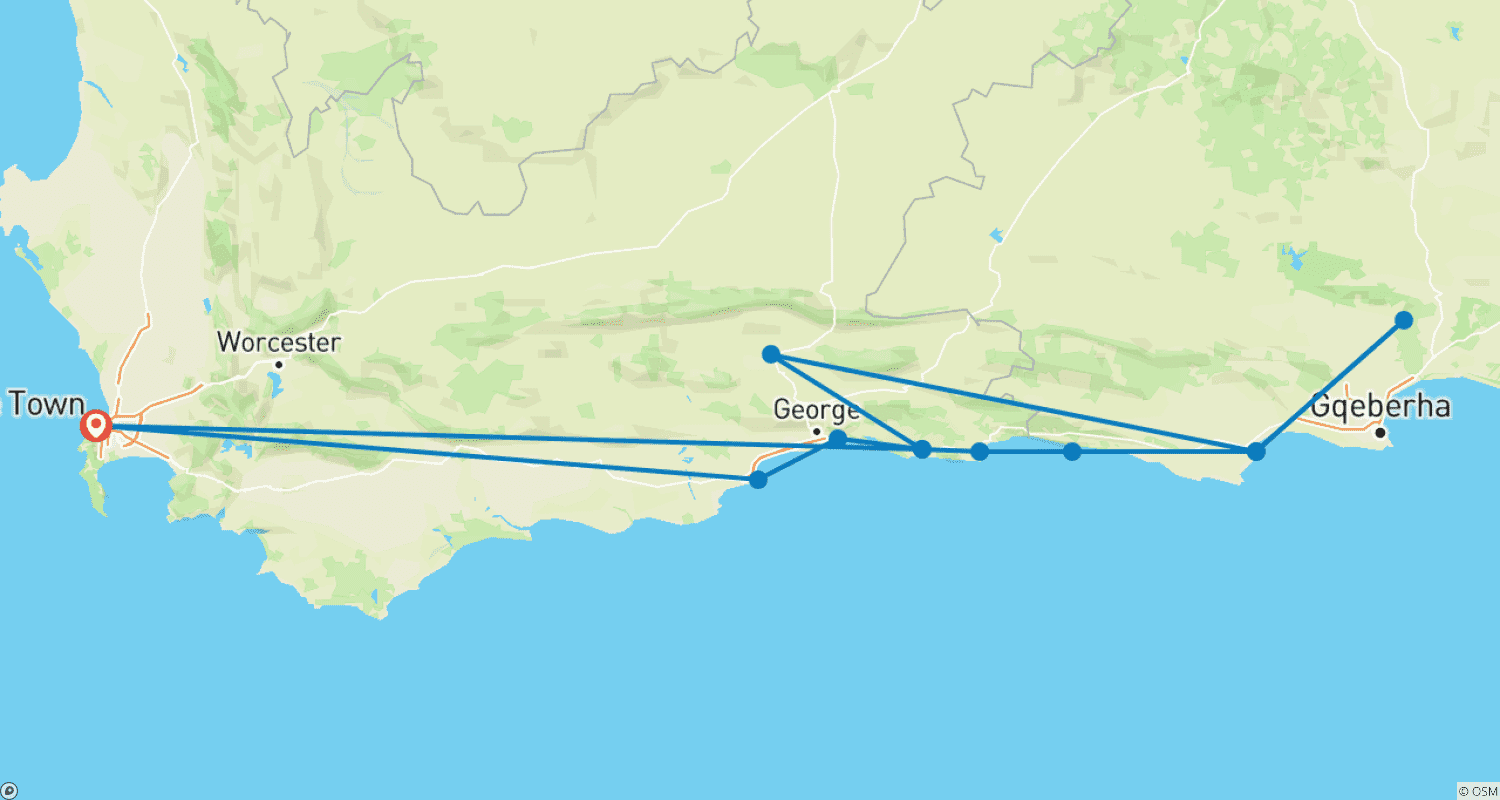 Mapa trasy: Cape Town and Garden Route Adventure Tour