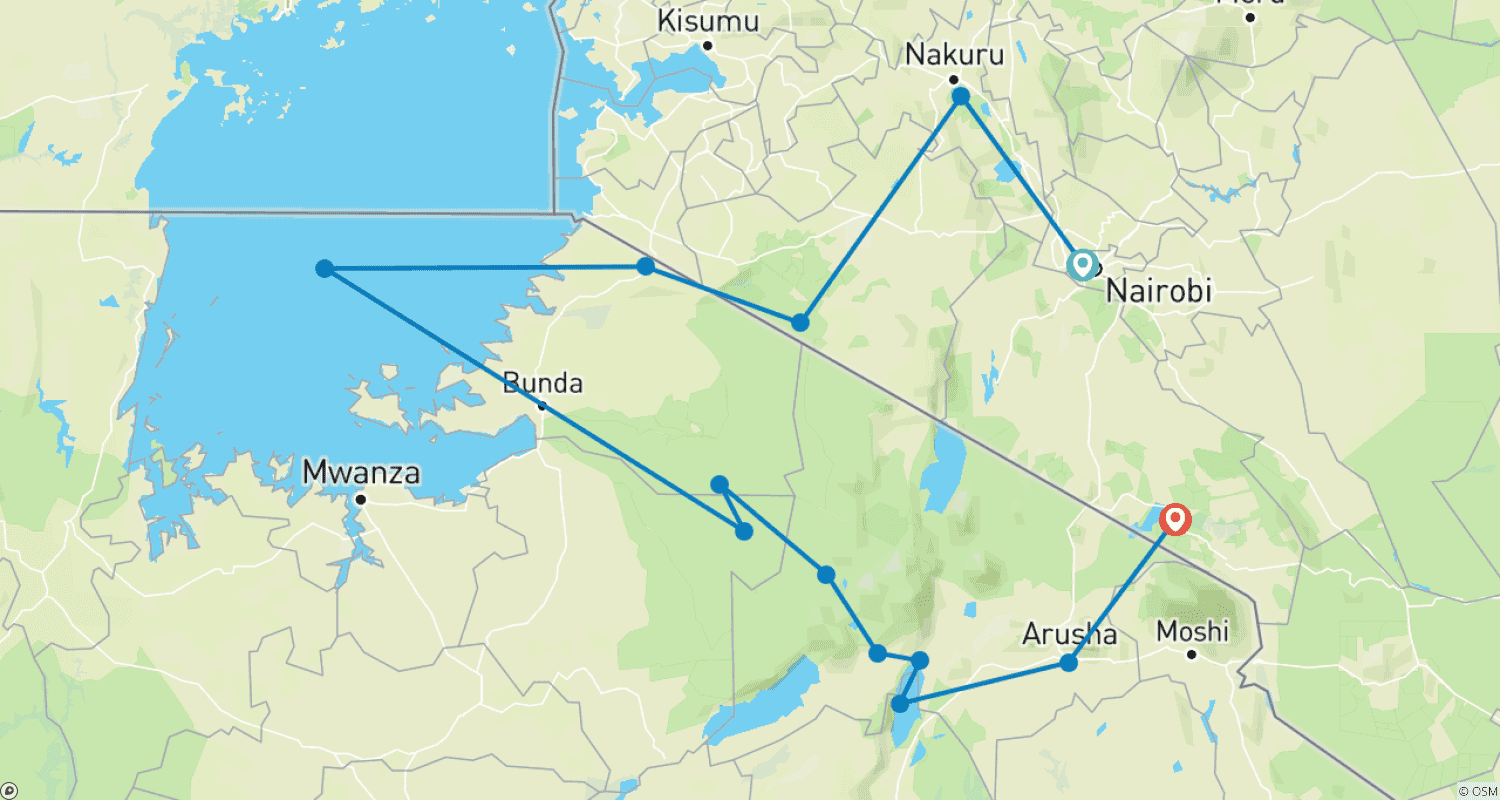 Mapa trasy: 12-dniowe Klasyczne Safari Afrykańskie