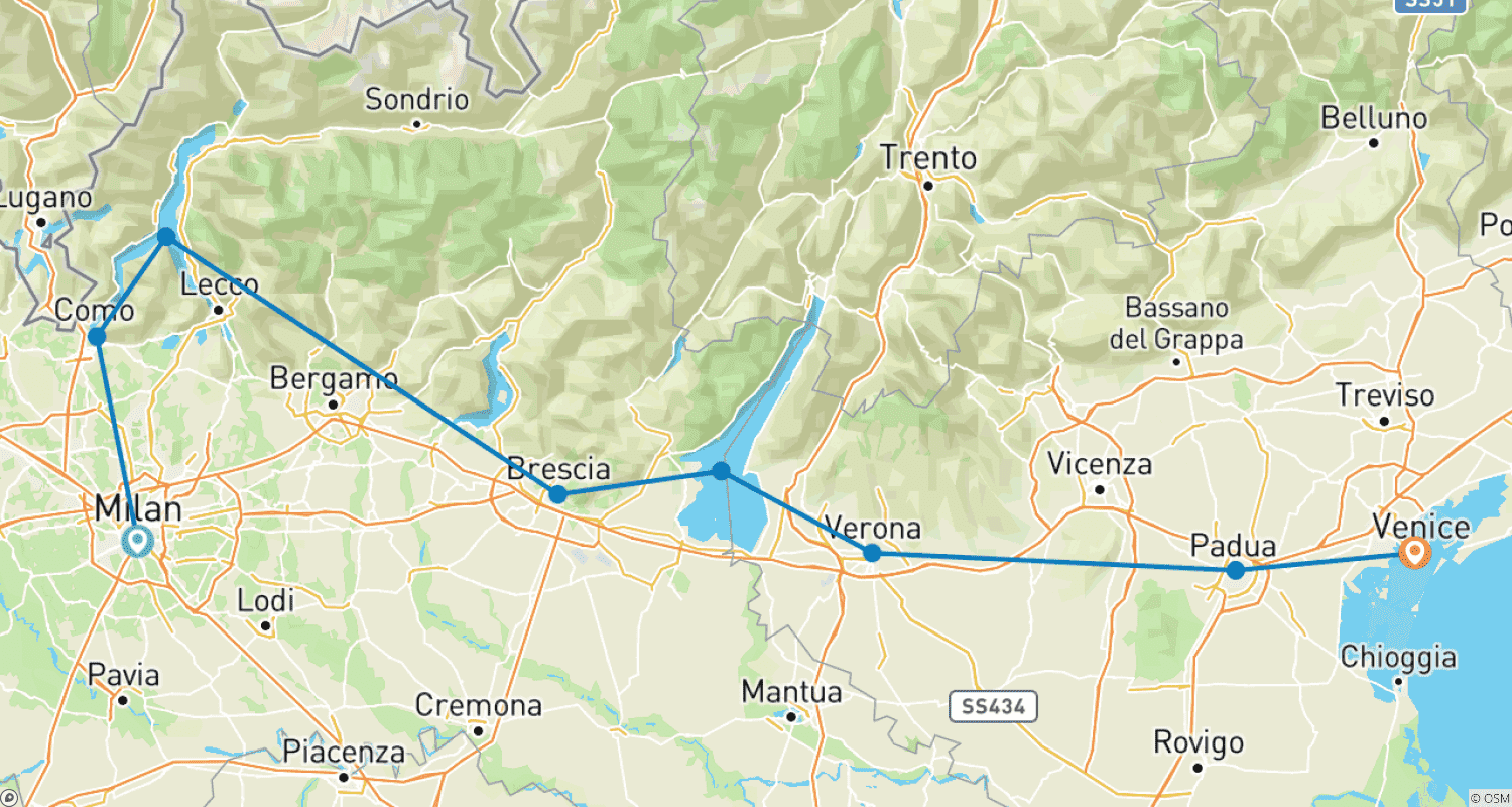 Mapa do percurso de Lagos e Lagoa: Lago de Como, Lago de Garda e Veneza, tour privado de 6 dias