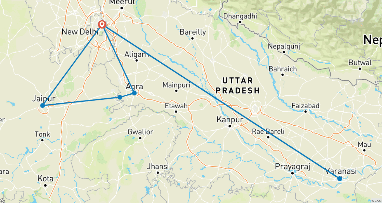 Mapa do percurso de Excursão Privada de 7 Dias ao Triângulo Dourado e Varanasi com Voos – Nascer do Sol no Taj Mahal e Ganga Aarti