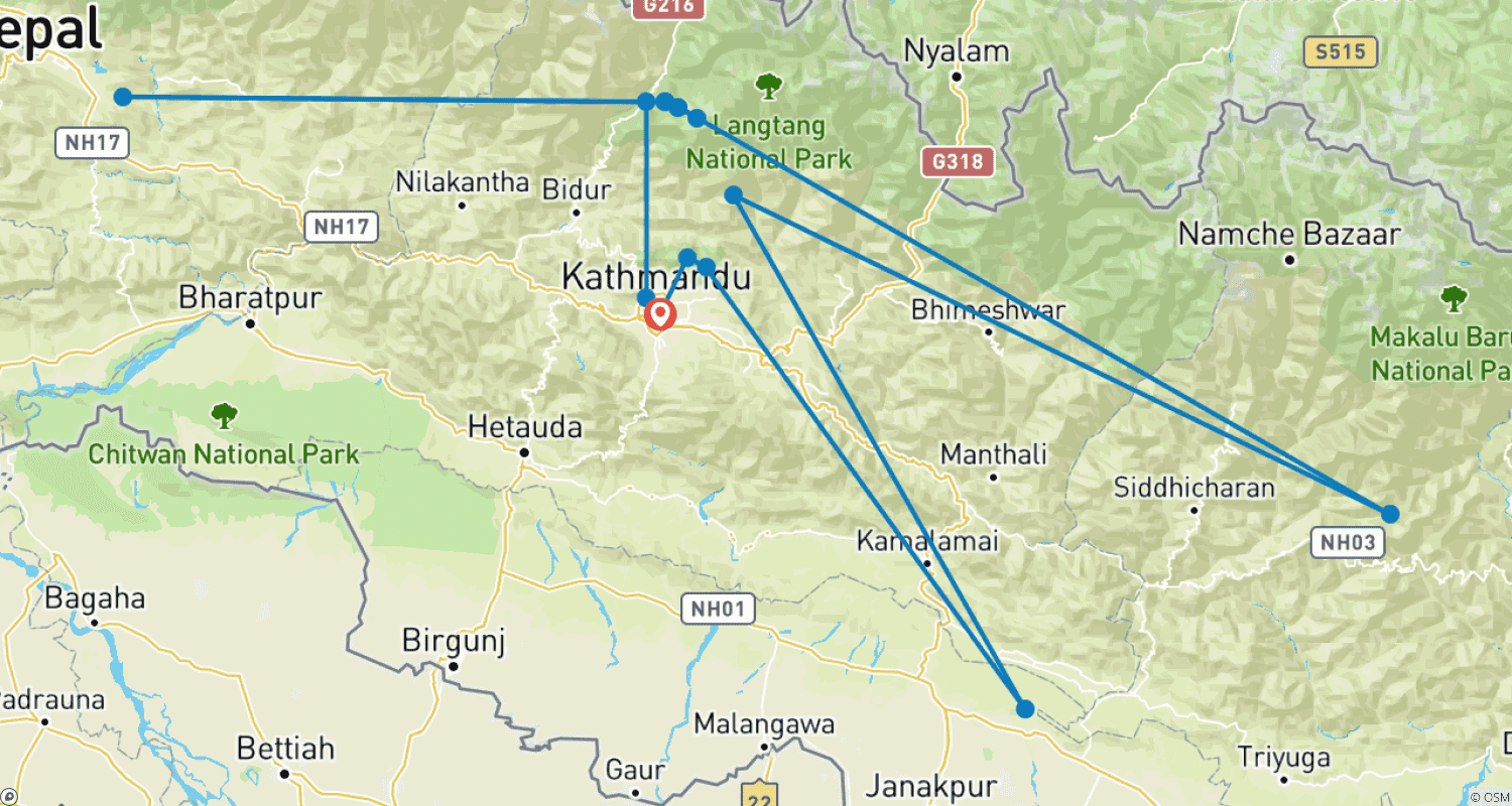 Mapa do percurso de Lago Sagrado Gosaikunda-Passagem de Lauribina Trek de 8 Noites / 9 Dias