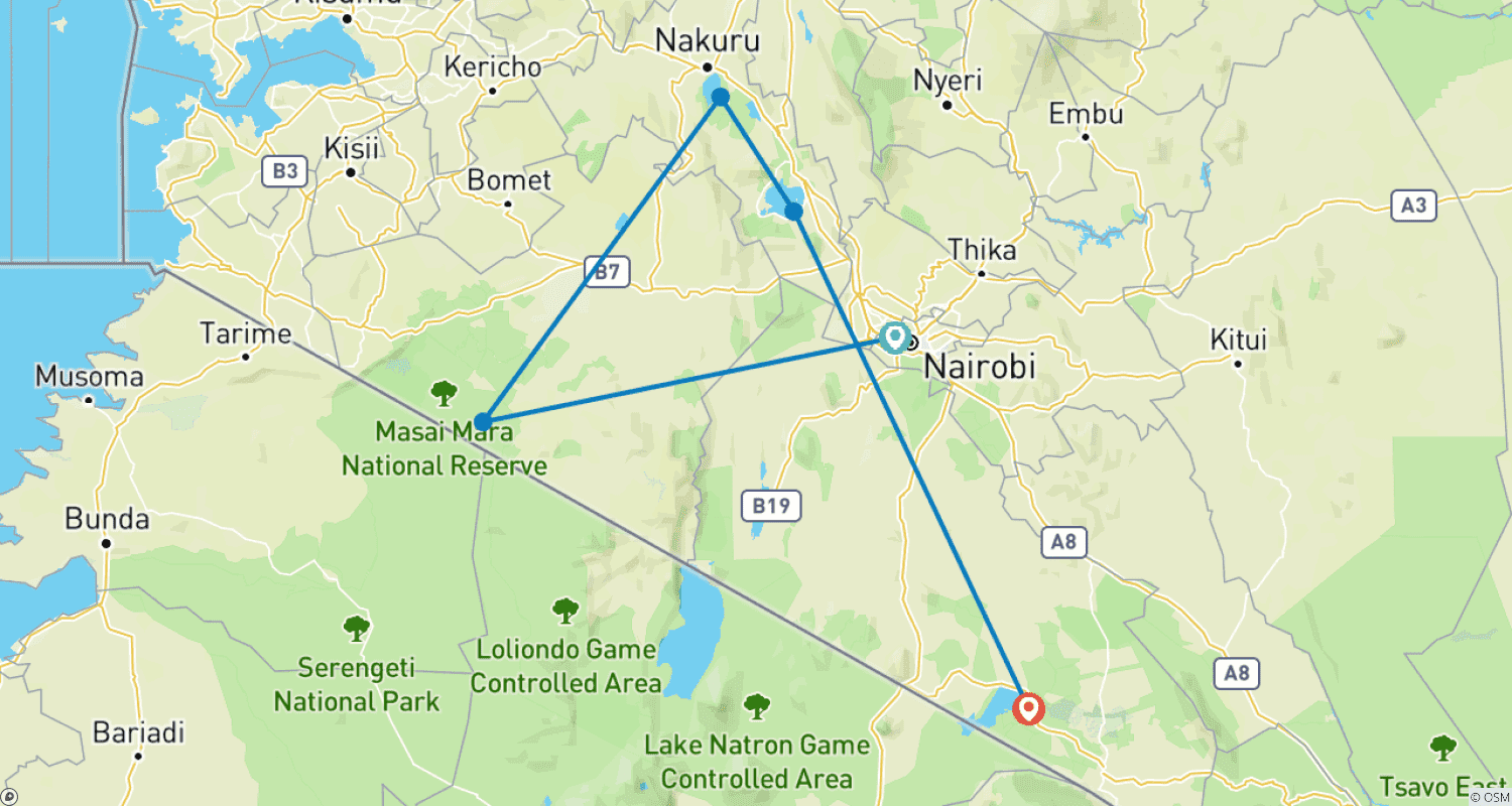 Mapa trasy: 7 dni 6 nocy budżetowe safari grupowe do Maasai Mara, jeziora Nakuru, Naivasha i parków Amboseli