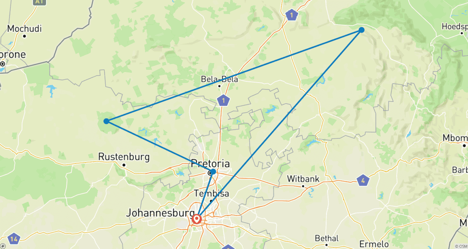 Mapa do percurso de Excursão ao Berço da Humanidade, Sun City e Reserva de Caça Pilanesberg