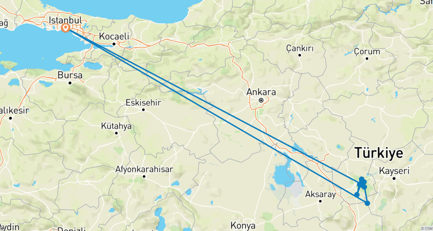 Mapa do percurso de Excursão de 3 Dias aos Destaques da Capadócia saindo de Istambul