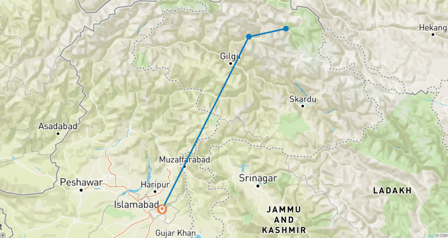 Mapa do percurso de 17 Dias de Trekking no Pamir Shimshal Pass 4735m, Paquistão