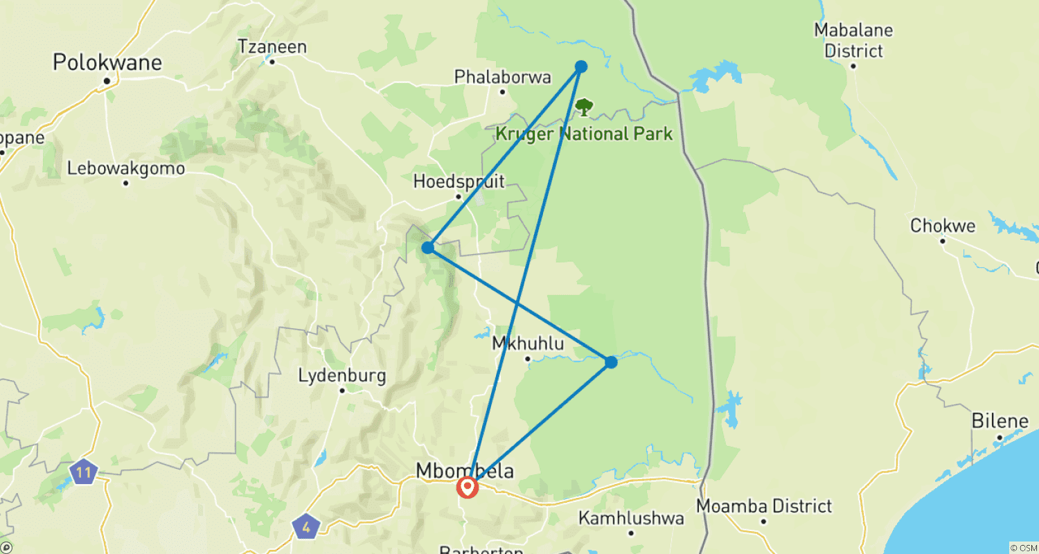 Mapa trasy: Safari w Parku Narodowym Krugera z Międzynarodowego Lotniska Kruger Mpumalanga (KMI/MQP) i Trasa Panorama