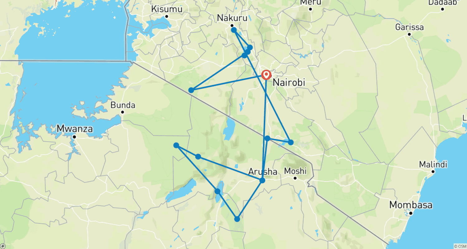 Mapa trasy: Safari lądowy Kenya i Tanzania — 14 dni