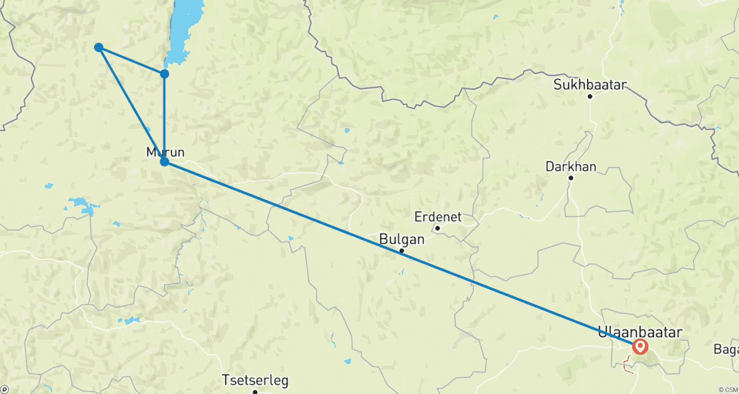 Mapa do percurso de Lago Khuvsgul e os Tsaatans da Taiga