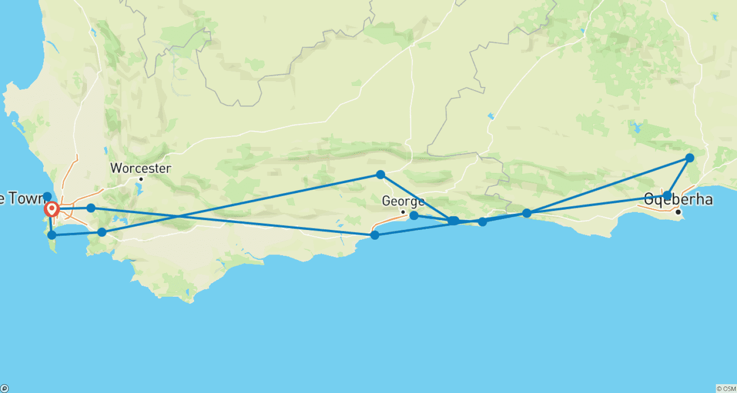 خريطة مسار Cape Town, Winelands, Garden Route & Addo National Park Tour